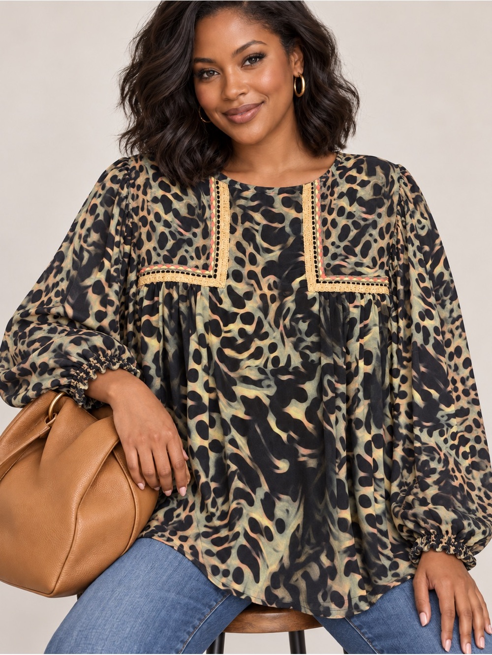 Blank London Miranda Leopard Print Olive Green Long Sleeve Smocked Cuff Blouse